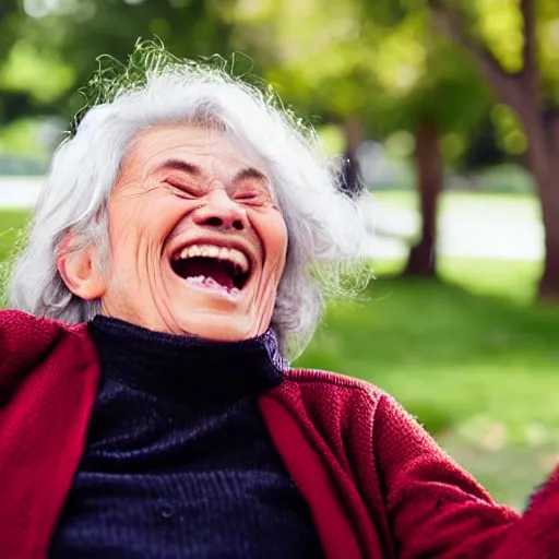 Image similar to an old woman laughing in a park. she has a thin translucent oxygen tubing under her nose