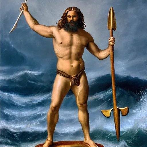 Image similar to poseidon standing at center frame holding a trident, with his back turned to the camera, a storm ahead, high res, oil painting, realistic, water, greek god, epic composition, masterpiece, award winning, low exposure