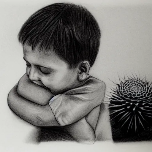 Image similar to sentimental boy hugging a cactus, pencil sketch, black and white