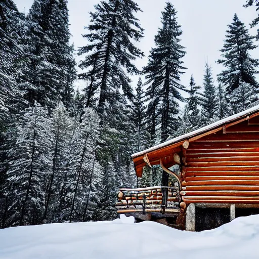 Prompt: winter cabin in the woods, snow falling, pine trees, photograph, f 8. 0 3 2 mm,