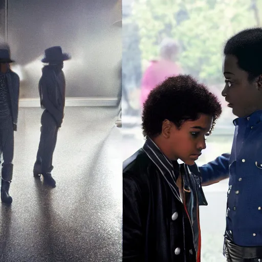 Image similar to michael jackson meeting his younger self, movie still 8 k hdr atmospheric lighting