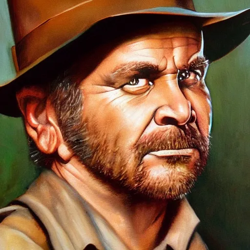 Prompt: bobcat goldthwait as indiana jones painting by frank frazetta, highly detailed, high quality, 8 k, realistic face, path traced