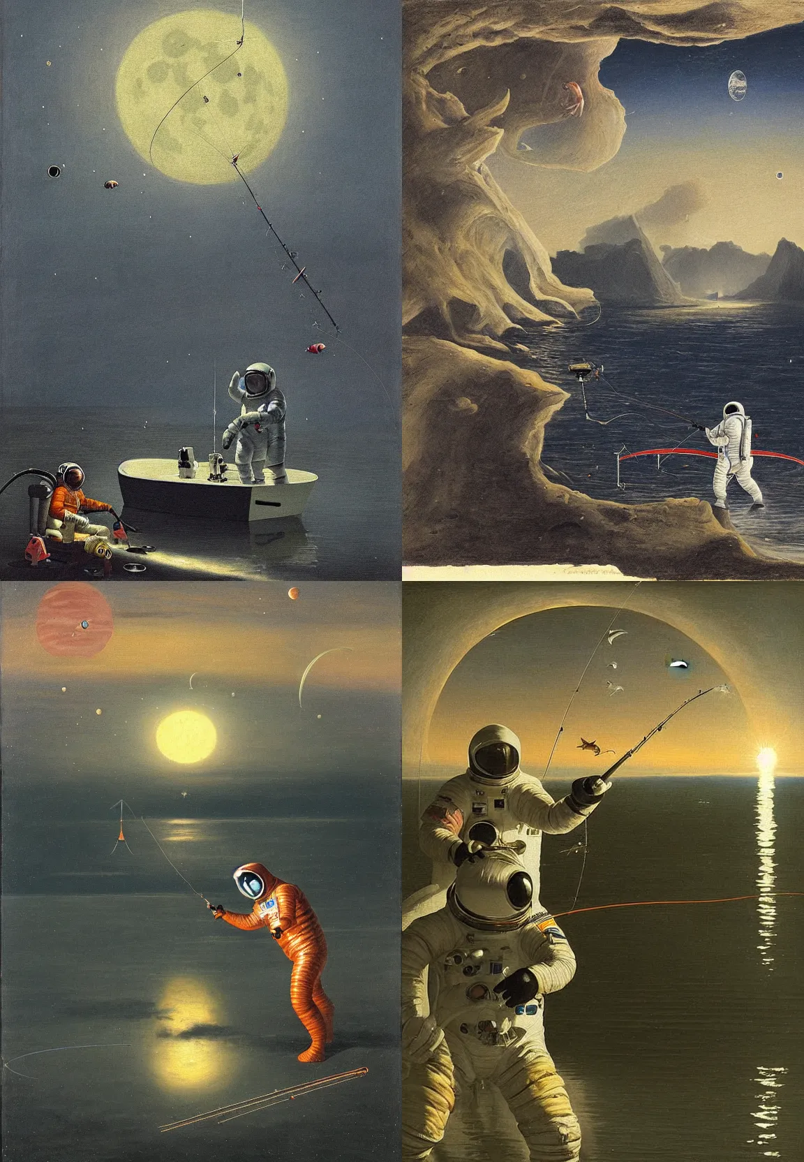 Image similar to astronaut in a spacesuit fishing and catching fish with a fishing rod from the crescent of the moon, realism, landscape