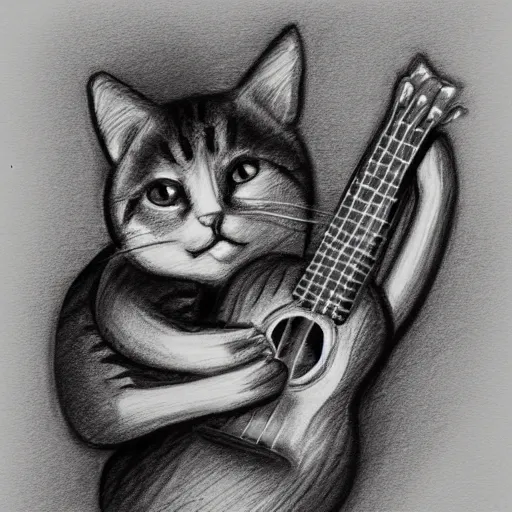 Prompt: bw pencil sketch of cat playing ukulele