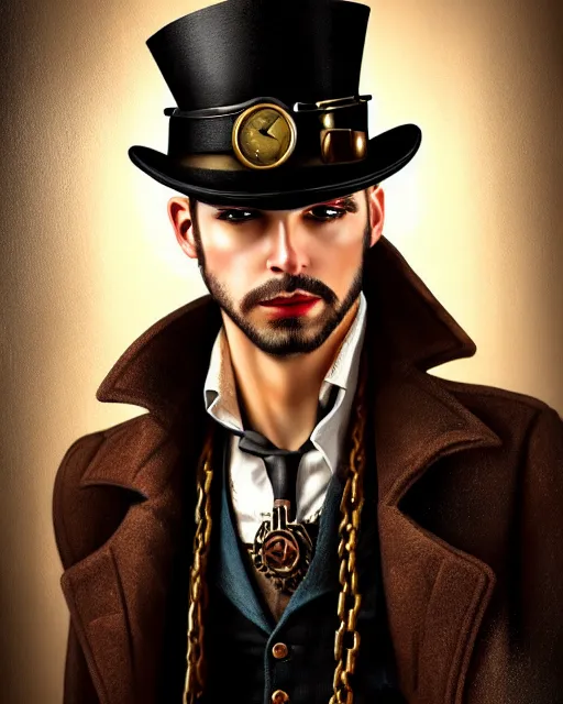 Prompt: steampunk male portrait, handsome, steampunk hat, detective coat, steampunk monocle, dramatic oil painting by robert lesser, pulp art, dramatic lighting, intricate, sharp focus, luminous, deviant art, masterpiece, ray tracing