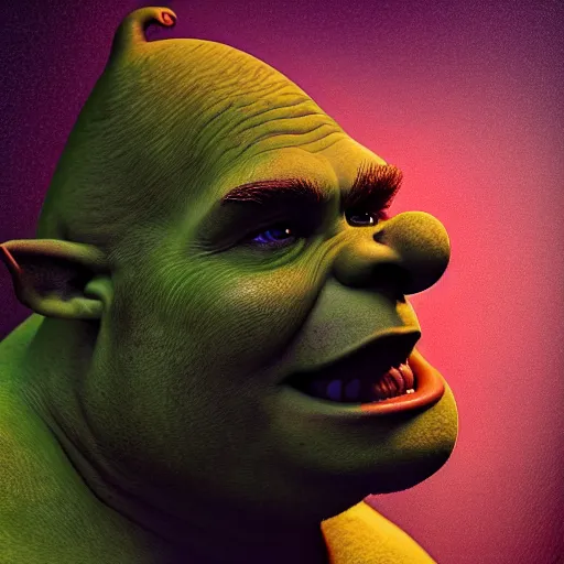 Prompt: photorealistic shrek in the style of michael whelan and gustave dore. hyperdetailed photorealism, 1 0 8 megapixels, fully clothed, lunar themed attire, amazing depth, glowing rich colors, powerful imagery, psychedelic overtones, 3 d finalrender, 3 d shading, cinematic lighting, face portrait, artstation concept art