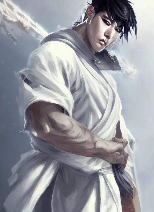 Prompt: a highly detailed illustration of fierce white haired attractive young japanese man wearing white hakama, black eyes, dramatic serious pose, muscular, intricate, elegant, highly detailed, centered, digital painting, artstation, concept art, smooth, sharp focus, league of legends concept art, wlop