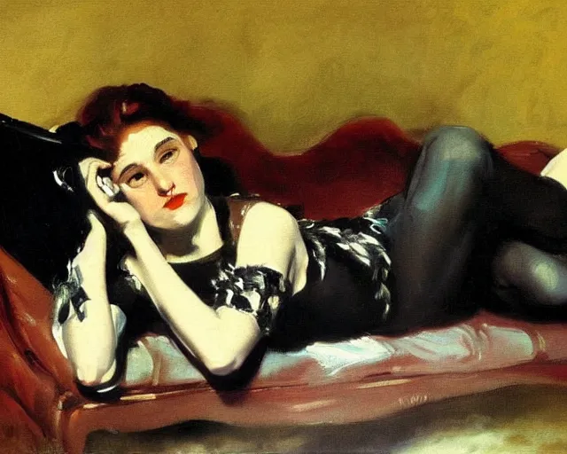 Prompt: A punk girl lying on a sofa, cinematic lighting, oil painting by John Singer Sargent