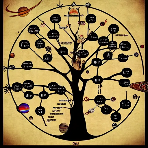 Prompt: Family tree of the universe planets, Bohemian style