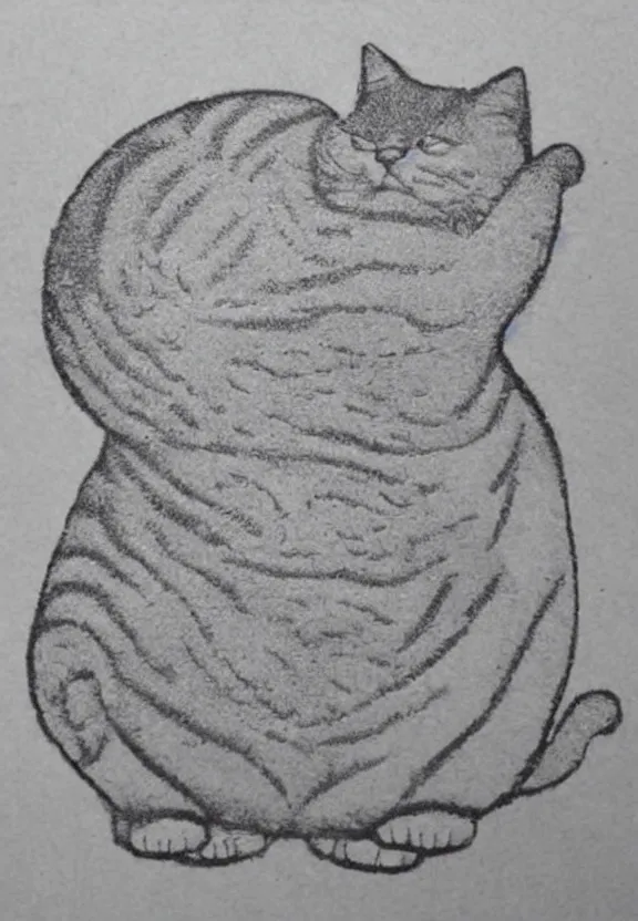 Image similar to woodblock etch of the most chubby cute cat ever, this cute chunky monster has rolls, epic cat