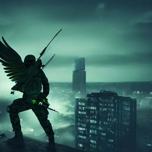 Image similar to soldier with wings as angel defending city, night time, only green colours, green, green palette, sad, chill, fantastic, 4 k, 8 k, super detailed, hyper realistic