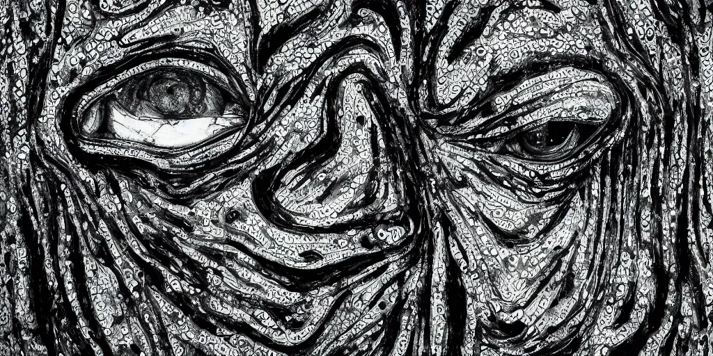 Image similar to camo of eyes, technical, acrylic, teeth, eerie, tribal, clay, dots, lines, stipple, points, grid, cybernetic, old painting, francis bacon art, swirly eyes, hypnosis, eerie, terror, oil, neon, black and white, splotches