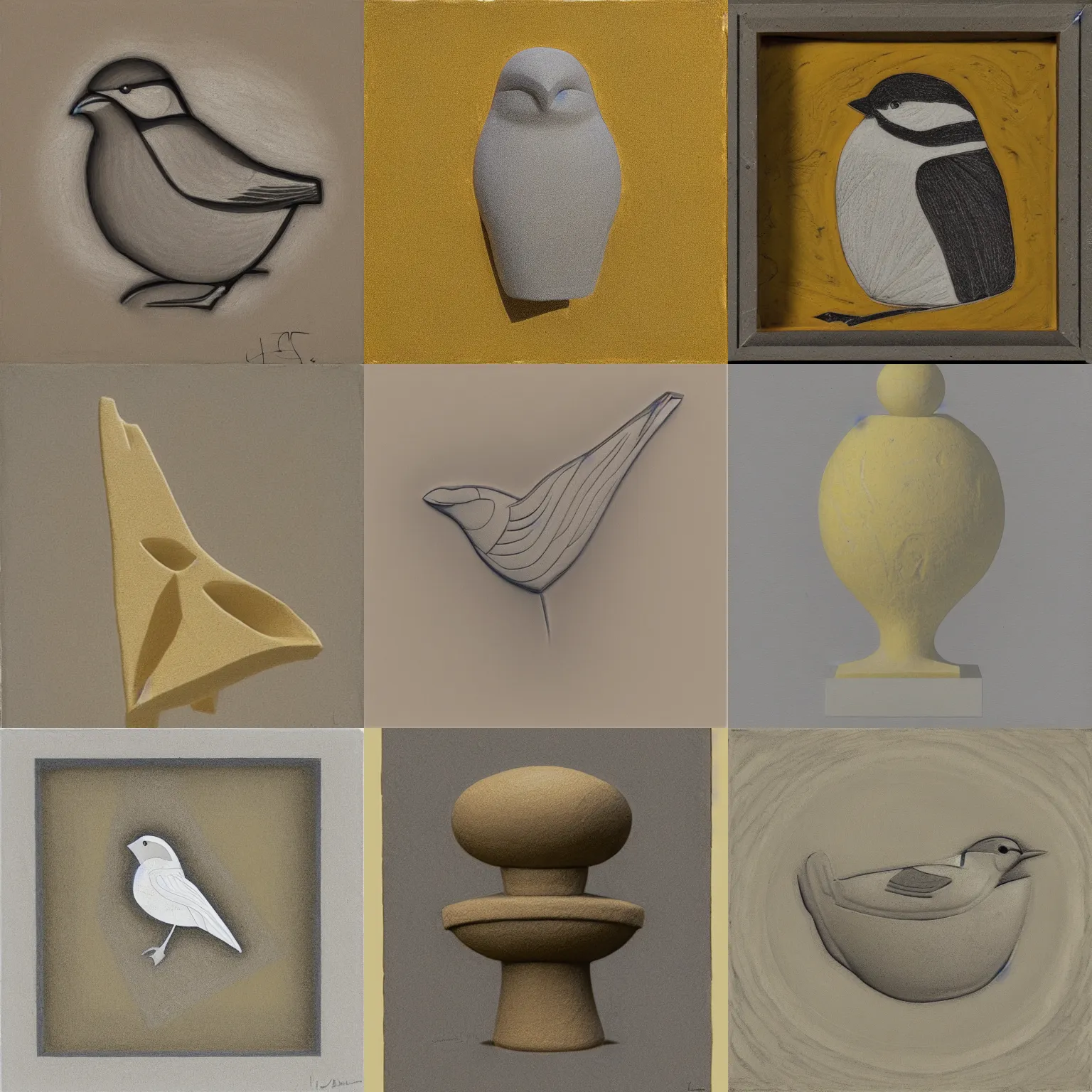 Prompt: engraving of chickadee cycladic sculpture, payne's grey and yellow ochre, impasto, high - resolution scan, vignetting, three - point perspective,