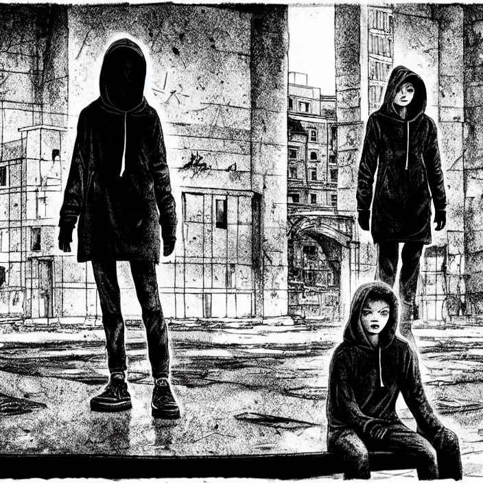 Image similar to sadie sink in hoodie sits on bench in ruined square, pedestrians walk by, old soviet monument. storyboard, scifi cyberpunk. by gabriel hardman, joe alves, chris bonura. cinematic atmosphere, detailed and intricate, perfect anatomy