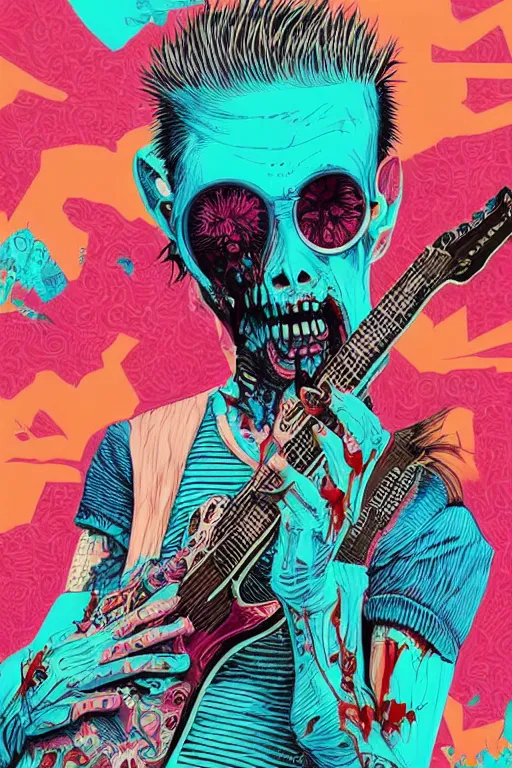 Image similar to risograph of a punk zombie playing guitar, tristan eaton, victo ngai, artgerm, rhads, ross draws, intricated details