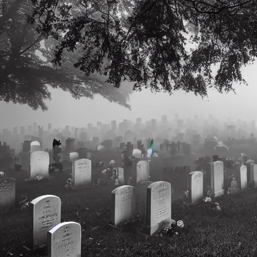 Prompt: A graveyard, with headstones and crypts, and a foggy mist rolling in, in a Halloween style.