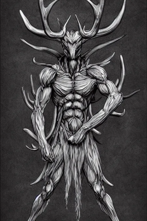 Image similar to humanoid figure monster with antlers, highly detailed, digital art, sharp focus, trending on art station, kentaro miura manga art style