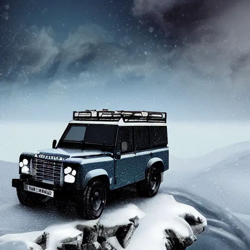 Image similar to a landrover crossing the alps while its snowing, digital art, artstation, photgraphy