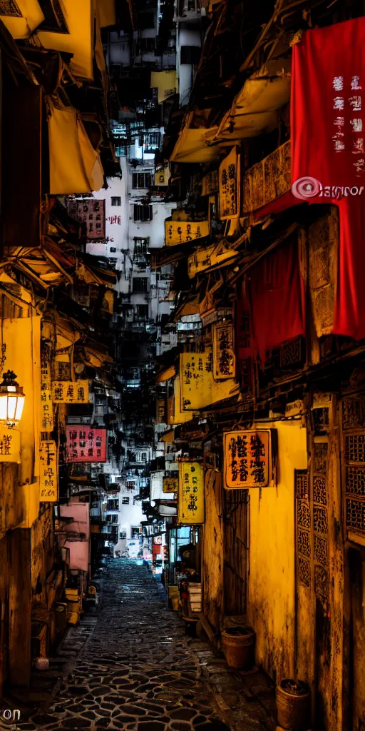 Prompt: an interior view of an old walled city in Hong Kong, colorful, dated and old, dark moody lighting, very detailed, photoreal, 8k, canon 20mm lens