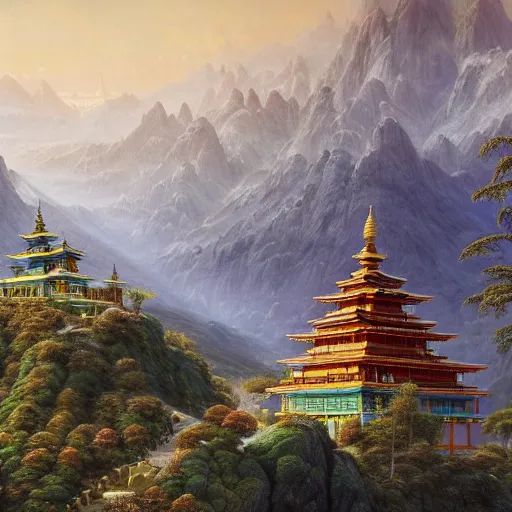 Image similar to a beautiful and highly detailed matte painting of a colorful buddhist temple in the distance high in the most epic mountains ever, intricate details, epic scale, insanely complex, 8 k, sharp focus, hyperrealism, very realistic, by caspar friedrich, greg rutowski, james gurney