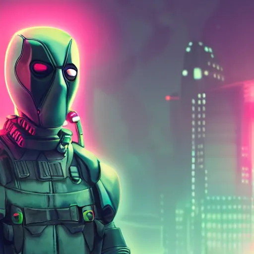 Image similar to cyberpunk concept cool deadpool warrior bot, cinema 4 d, galaxy, ufo, space sci - fi, wearing vr goggles, illustration, portrait, pastel neon textured background night, trending on artstation, greg rutkowski, octane rendered, 1 2 k, detailed,