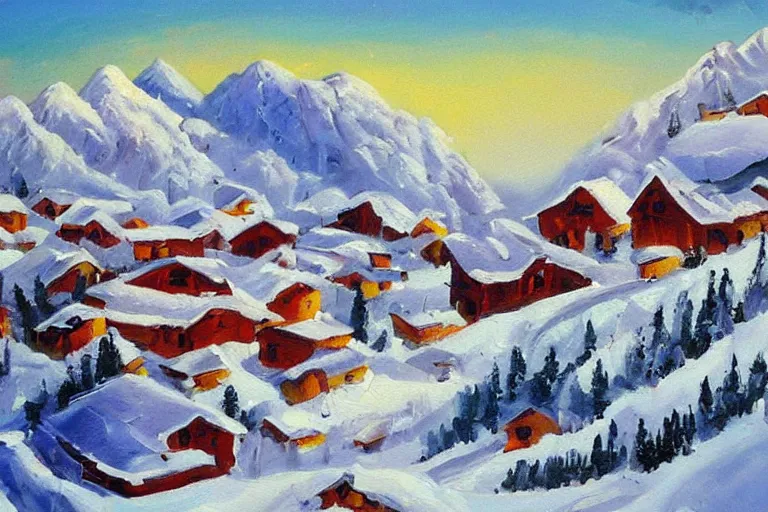 Image similar to beautiful snow mountain village, oil painting, oil in canvas, brushstrokes