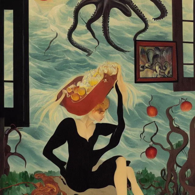 Image similar to tall female catgirl artist holding sheet music in her flooded apartment, pomegranates, octopus, water gushing from ceiling, painting of flood waters inside an artist's apartment, a river flooding indoors, mushrooms, ikebana, zen, rapids, waterfall, black swans, canoe, berries, acrylic on canvas, surrealist, by magritte and monet