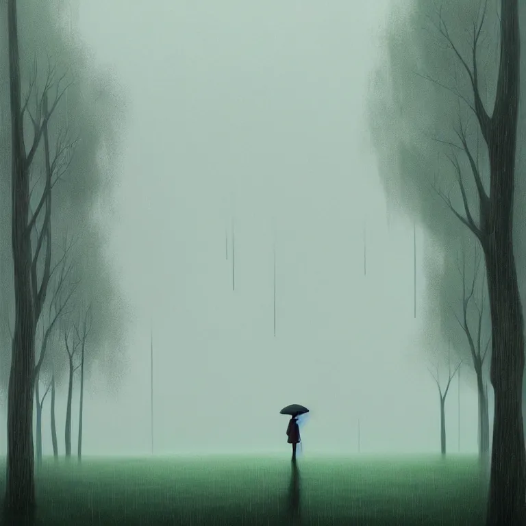 Prompt: Gediminas Pranckevicius painting of a person standing in the rain surrounded by trees, a digital rendering by Eyvind Earle, deviantart, digital art, matte drawing, deviantart, soft mist