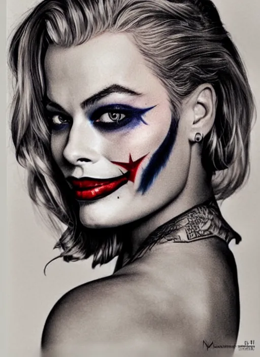 Image similar to tattoo design of beautiful margot robbie with slight joker makeup, holding an ace card, slight smile, in the style of den yakovlev, realistic face, black and white, realism tattoo, hyper realistic, highly detailed