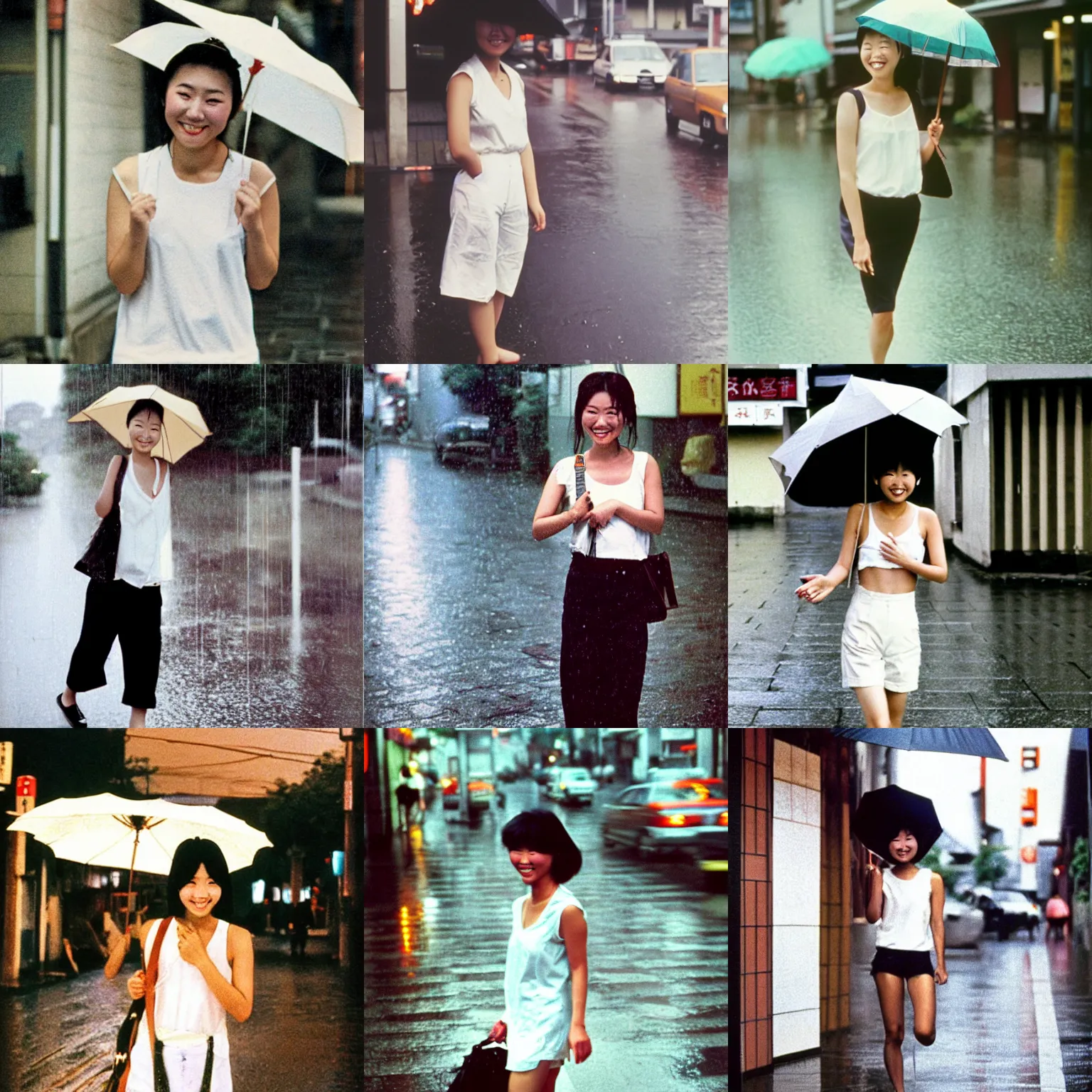 Prompt: A middle-shot from front, color outdoor photograph portrait of a smiling young Japanese woman in sleeveless white shirt is walking on the rainy street, ambient lighting, 1990 photo from Japanese photograph Magazine.