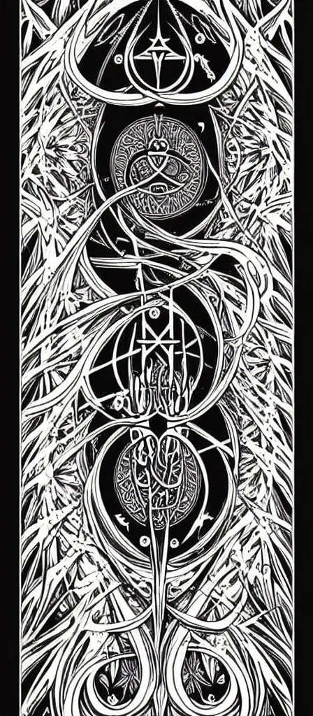 Prompt: a beautiful fractal tarot card featuring bold occult imagery with clean lines. skullpunk demon. dimension. haeckel. detailed adult coloring book