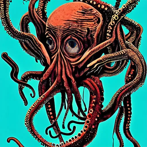 Prompt: graphic illustration, creative design, cthulhu, biopunk, by ralph steadman, francis bacon, hunter s thompson, highly detailed, mixed media