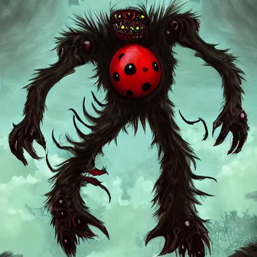 Prompt: ladybug as a monster, fantasy art style, scary atmosphere, nightmare - like dream ( video game style )