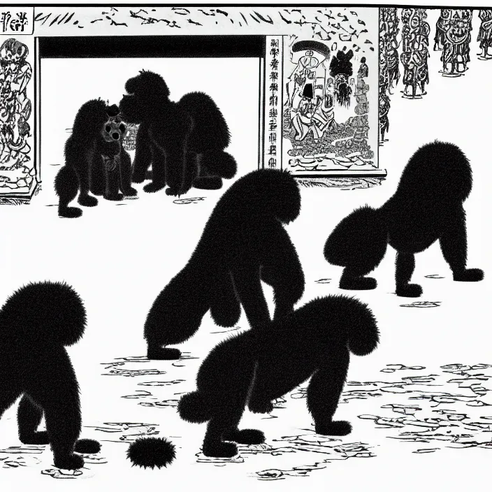 Prompt: a still frame from comic strip, two black furry hairy dogs melting in an ancient temple 1 9 5 0, herluf bidstrup, new yorker illustration, monochrome bw, lineart, manga, tadanori yokoo, simplified,