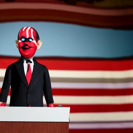 Image similar to marionette of a president with clown makeup in a podium and a human shadow behind