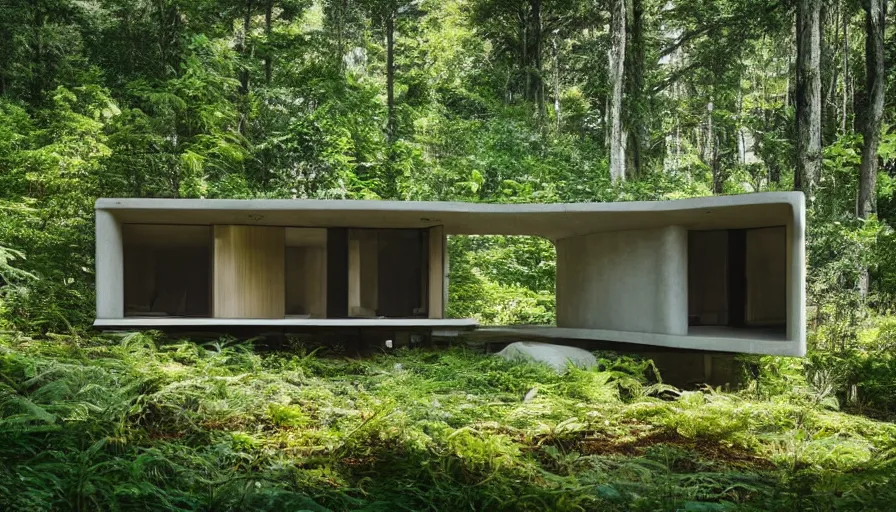 Image similar to A wide image of a full innovative contemporary 3D printed prefab sea ranch style cabin with rounded corners and angles, beveled edges, made of cement and concrete, organic architecture, in a lush green forest Designed by Gucci, Balenciaga, and Wes Anderson, golden hour