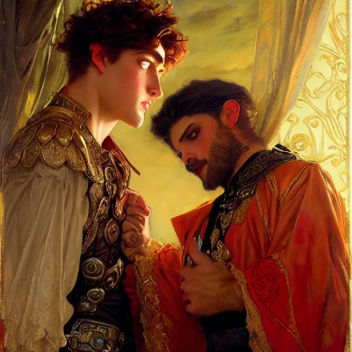 Image similar to attractive fully clothed king confesses his love for his attractive fully clothed male prince. highly detailed painting by gaston bussiere, tom bagshaw, j. c. leyendecker