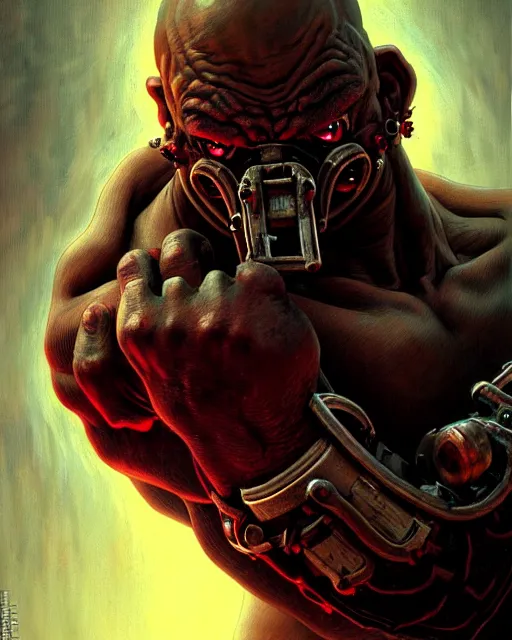 Image similar to doomfist from overwatch, rage, character portrait, portrait, close up, concept art, intricate details, highly detailed, horror poster, horror, vintage horror art, realistic, terrifying, in the style of michael whelan, beksinski, and gustave dore