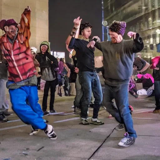 Prompt: a group of homeless people dancing to rave music,