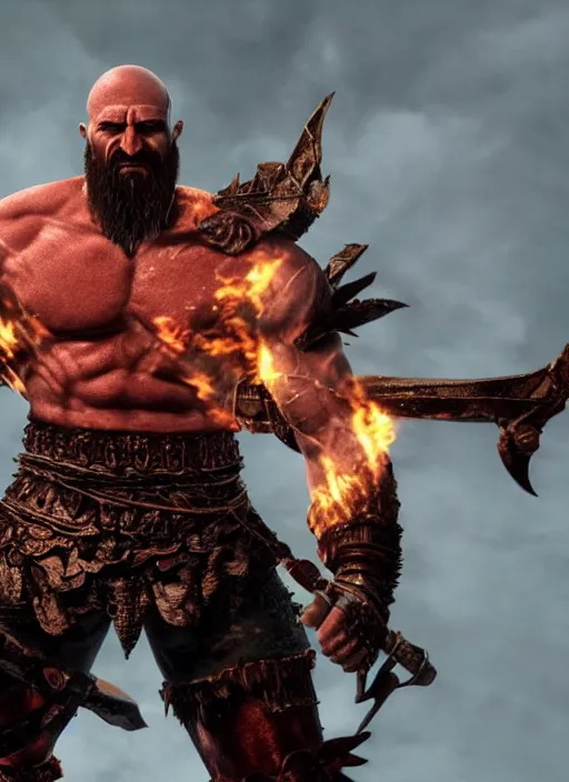 Image similar to muscular armored screaming kratos rocking out on a flaming stratocaster guitar, cinematic render, god of war 2 0 1 8, playstation studios official media, lightning, flames, left eye stripe, left eye stripe, left eye stripe, left eye stripe, clear, coherent