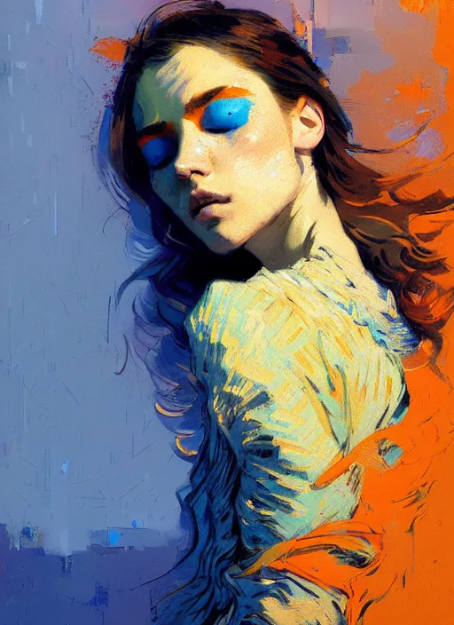 Prompt: portrait of a beautiful girl, sunset, intimate, eyes closed, faded shades of blue and orange and yellow, beautiful face, rule of thirds, intricate outfit, spotlight, by greg rutkowski, by jeremy mann, by francoise nielly, by van gogh, digital painting