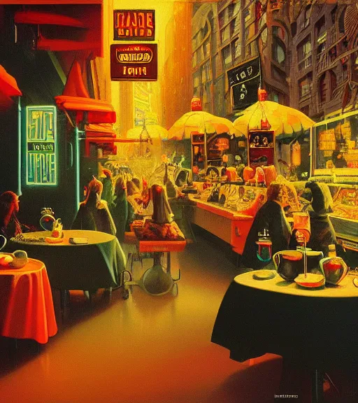 Prompt: cozy new york deli vantablack cloth technology, vintage shapes, retro technology, happy colors dariusz zawadzki, tim hildebrandt, wayne barlow, bruce pennington, larry elmore, oil on canvas, deep depth field, masterpiece, cinematic composition. dramatic zoom, hyperdetailed, hd, hdr