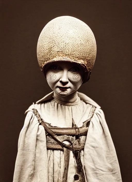 Image similar to realistic photo of a a medieval antique old wooden of a girl doll sculpture dressed white spherical hat helmet, covered in eyes pattern, greyscale grain 1 9 9 0, life magazine photo, natural colors, metropolitan museum, kodak