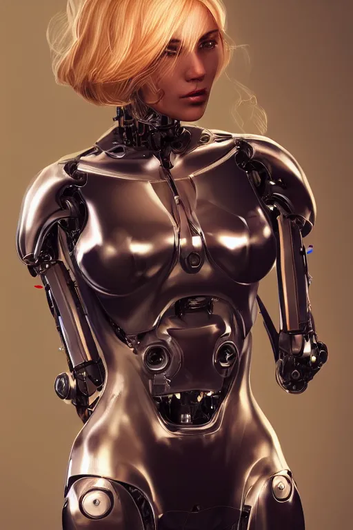 Image similar to a beautiful woman with blonde hair wearing robot suit with wires and light, highly detailed, photorealistic, artstation, smooth