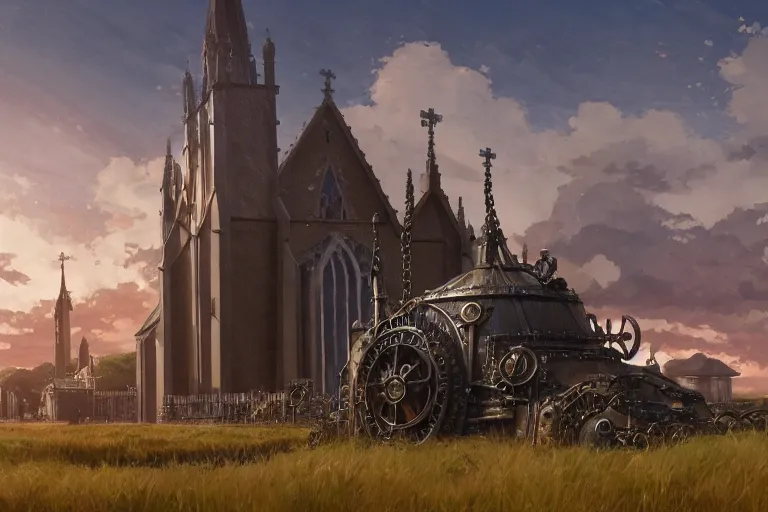 Prompt: concept art of a huge church with chain drive aka churchtank in an open field, key visual, ambient lighting, highly detailed, digital painting, artstation, concept art, sharp focus, by makoto shinkai and akihiko yoshida and hidari and greg manchess