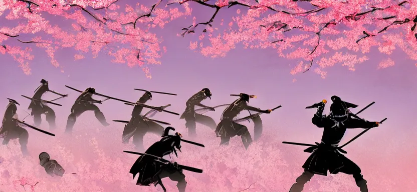 Image similar to a battalion of samurai battle in a cherry blossom forest, digital painting masterpiece, by ilya kuvshinov, by frank frazetta, by mœbius, by reiq, by hayao miyazaki, intricate detail, beautiful brush strokes, advanced lighting technology, 4 k wallpaper, interesting character design, stylized yet realistic anatomy and faces, inspired by kill bill animated scene