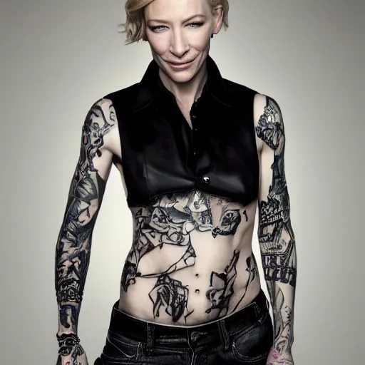 Prompt: high resolution image of cate blanchett with full body gang tattoos , highly detailed, photorealistic, 4k