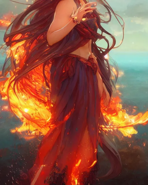 Image similar to beautiful long haired anime girl, fire dress, flames everywhere, highly detailed, digital painting, artstation, concept art, smooth, sharp focus, illustration, art by artgerm and greg rutkowski and alphonse mucha