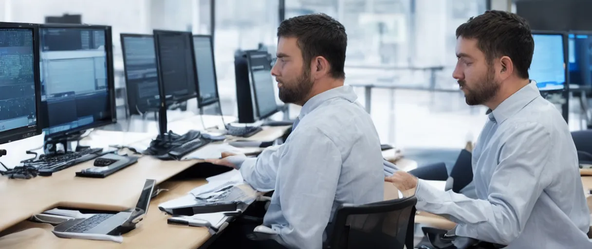 Image similar to a man at a desk with ten different computer monitors, his face flat on the keyboard, sound asleep