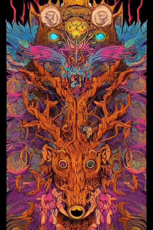 Image similar to animal mask totem roots flower tribal feather gemstone plant wood rock shaman vodoo video game vector cutout illustration vivid multicolor borderlands comics by josan gonzales and dan mumford radiating a glowing aura